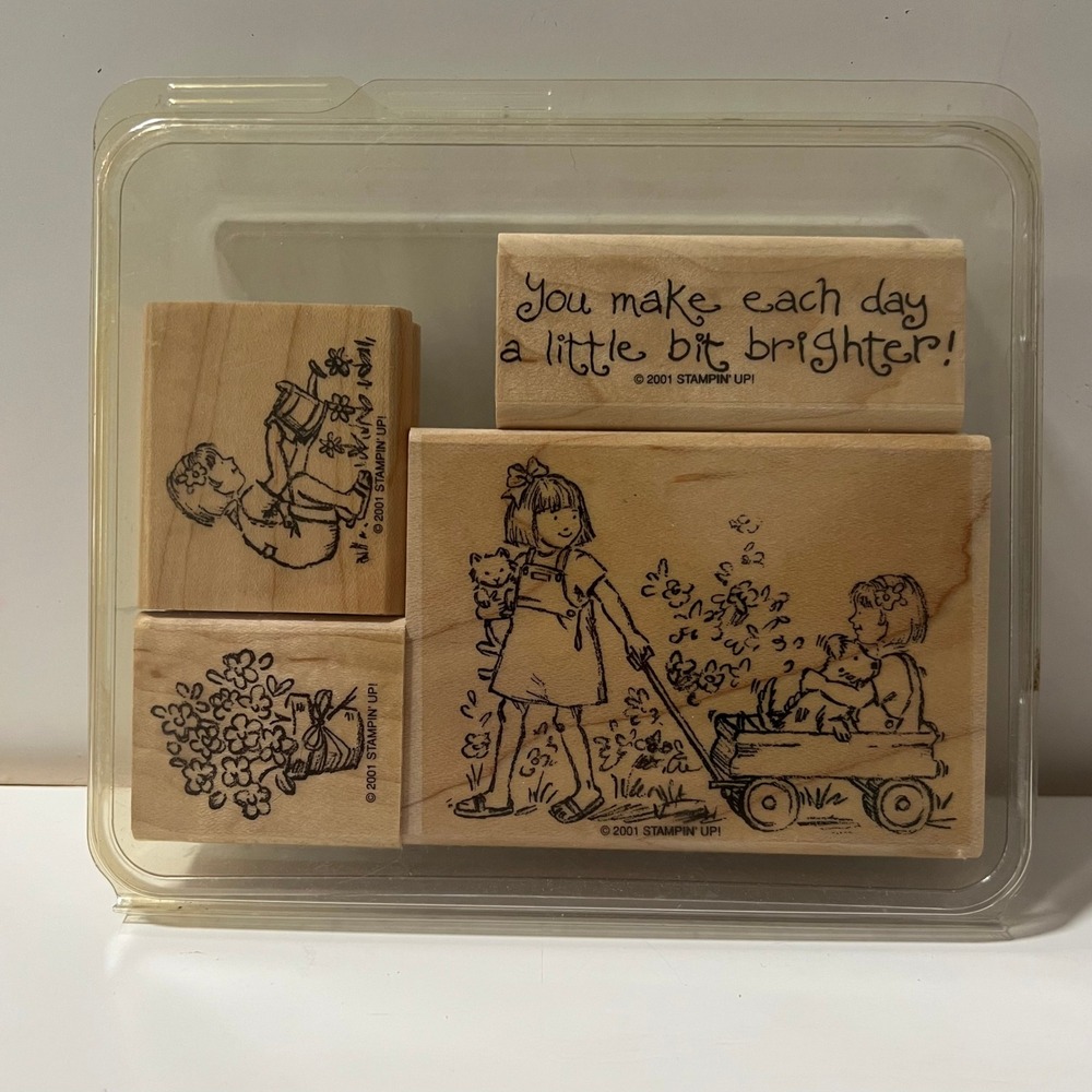 Vintage 2001 Stampin Up Friendships Grow Wood Rubber Stamp Set 4pc gardening